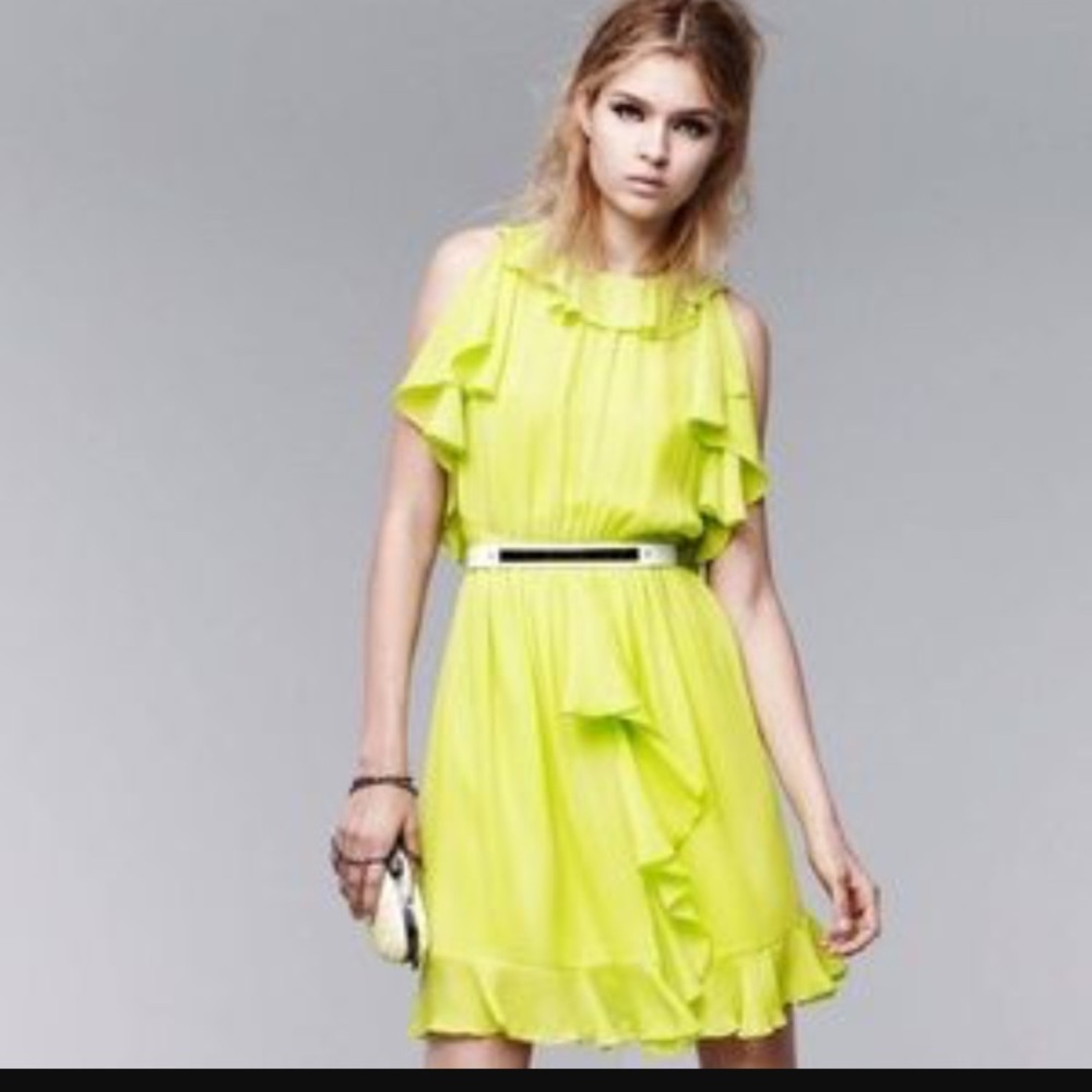 Chiffon Ruffle Midi Dress in Neon Yellow - Women's